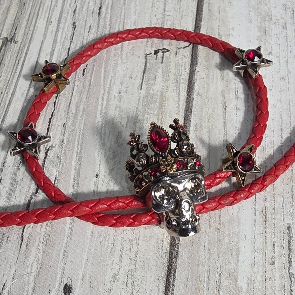 Alexander McQueen Red Braided Leather Skull Crown Star Wrap Bracelet Made Italy - Picture 1 of 11
